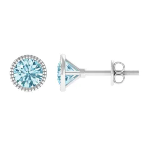 Round Cut Real Aquamarine Solitaire Stud Earring in Bezel Setting