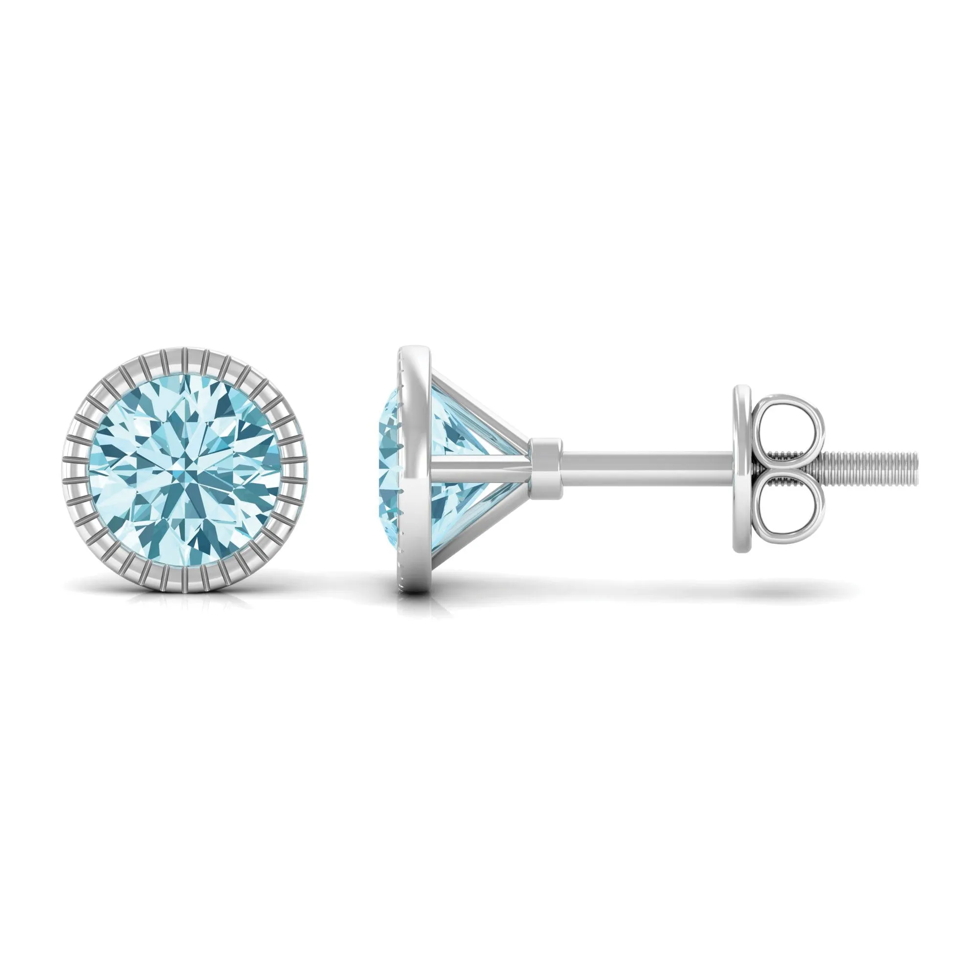 Round Cut Real Aquamarine Solitaire Stud Earring in Bezel Setting