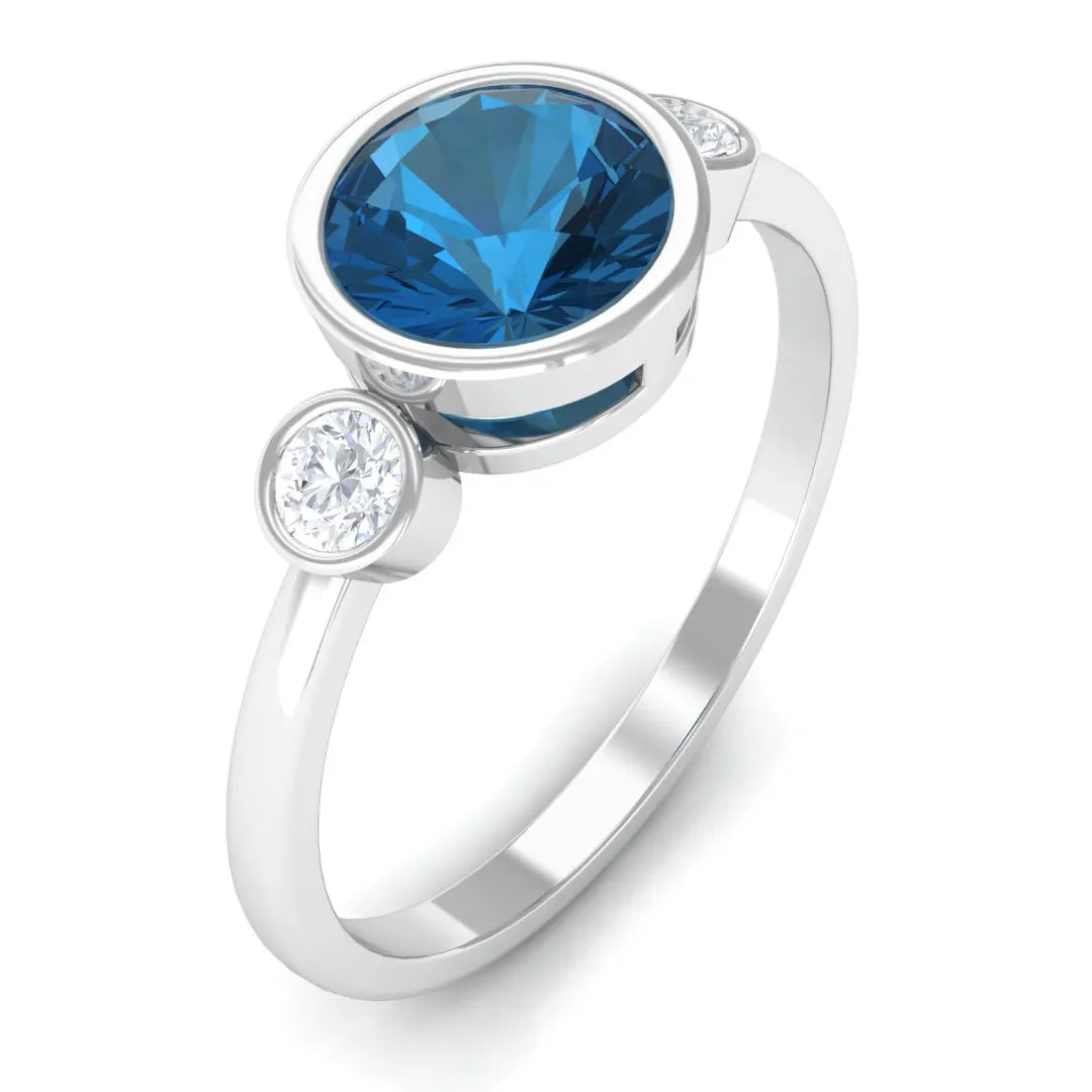 Round London Blue Topaz and Diamond Solitaire Engagement Ring