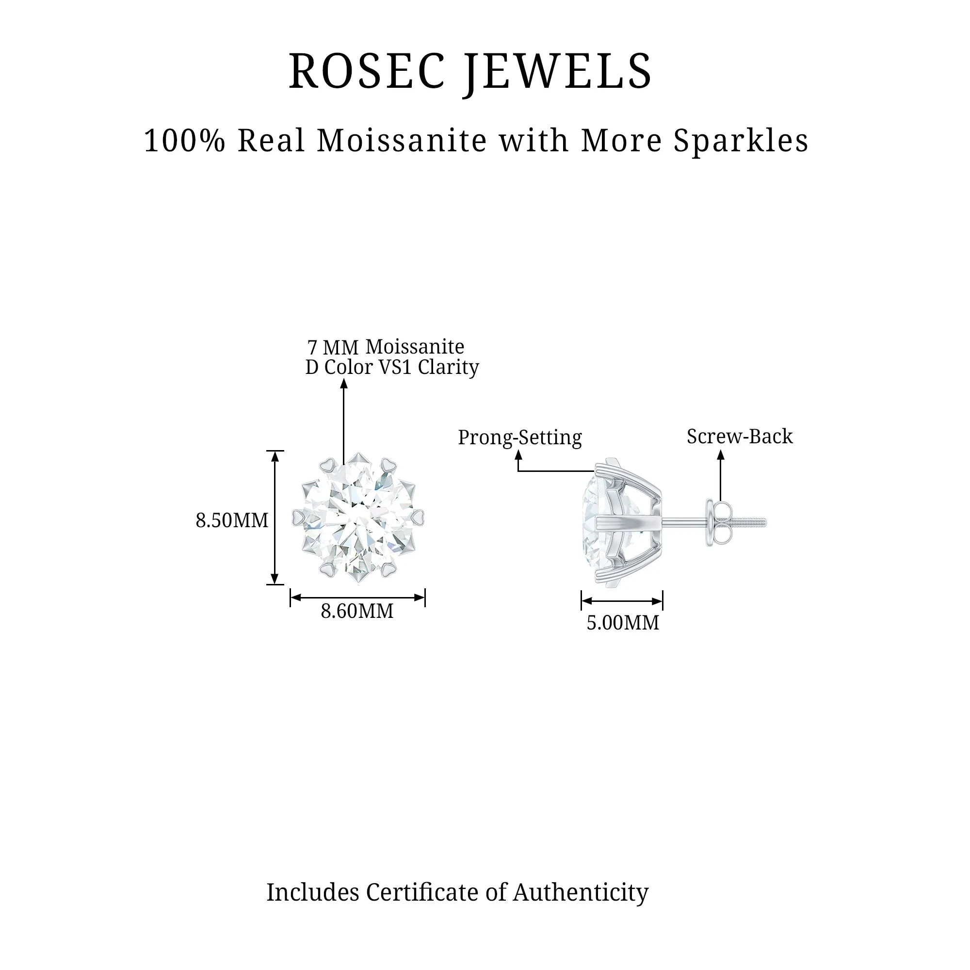 Round Moissanite Solitaire Stud Earrings in Decorative Setting