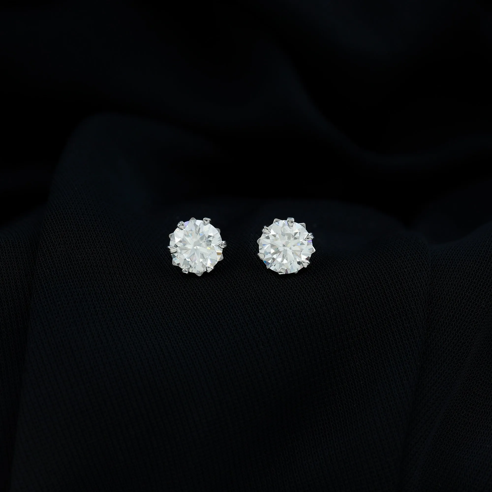 Round Moissanite Solitaire Stud Earrings in Decorative Setting