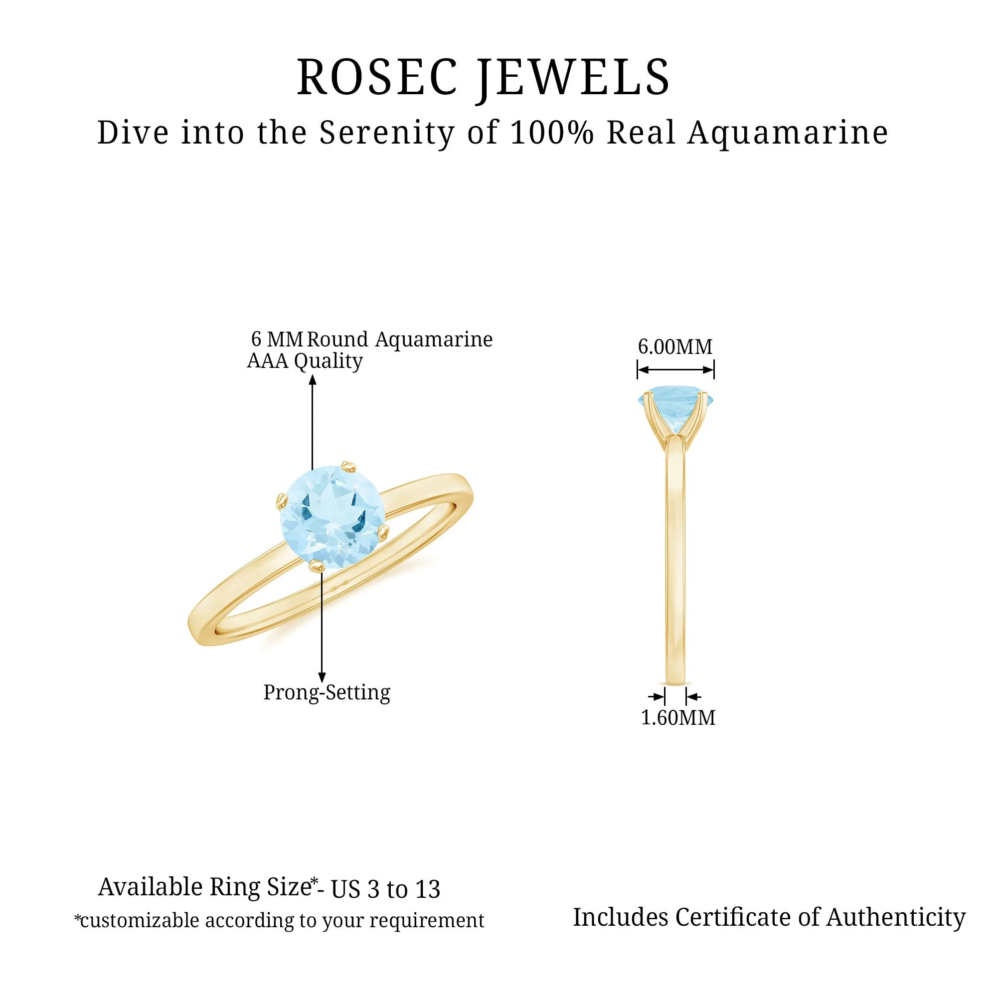 Round Shape Aquamarine Solitaire Ring in Peg Head Setting