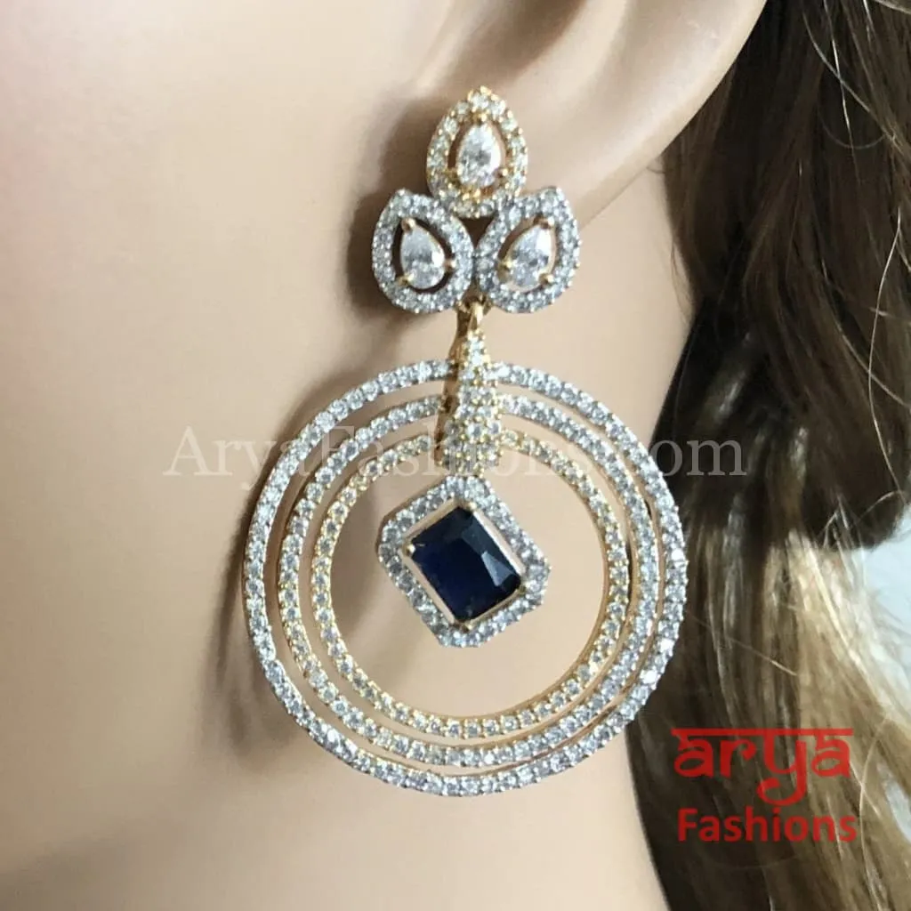 Royal Blue Stone CZ Cocktail Two Tone Earrings, Rose Gold Silver Party Danglers