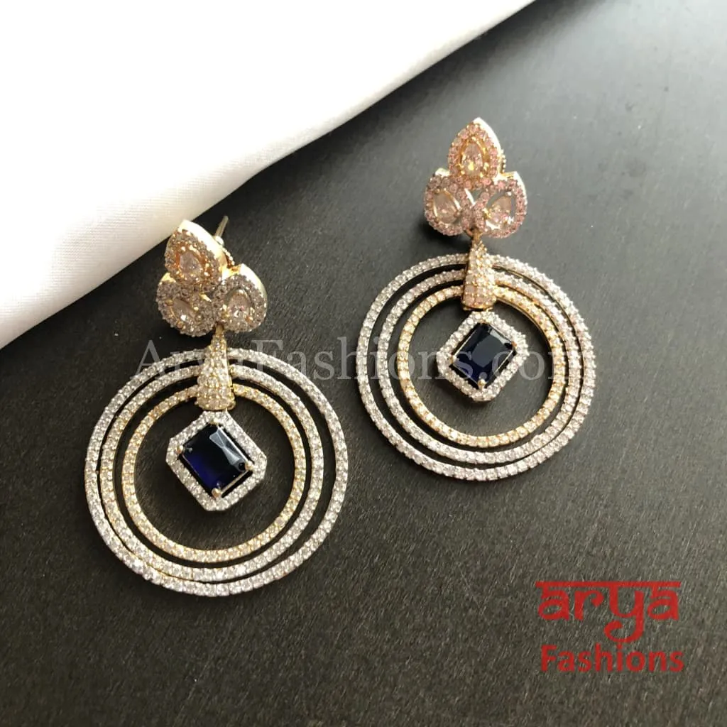 Royal Blue Stone CZ Cocktail Two Tone Earrings, Rose Gold Silver Party Danglers