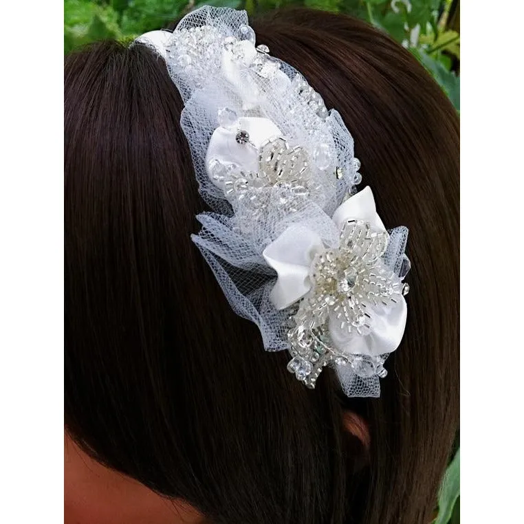 Satin and Crystals Beaded Ivory Headband