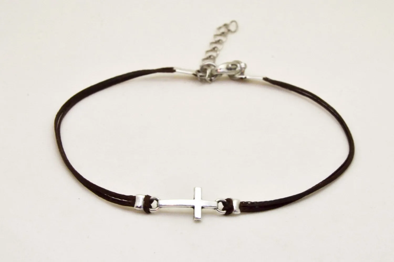 Silver cross charm anklet, brown cord, Christian gift for her