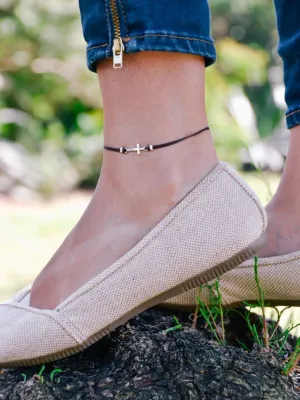 Silver cross charm anklet, brown cord, Christian gift for her