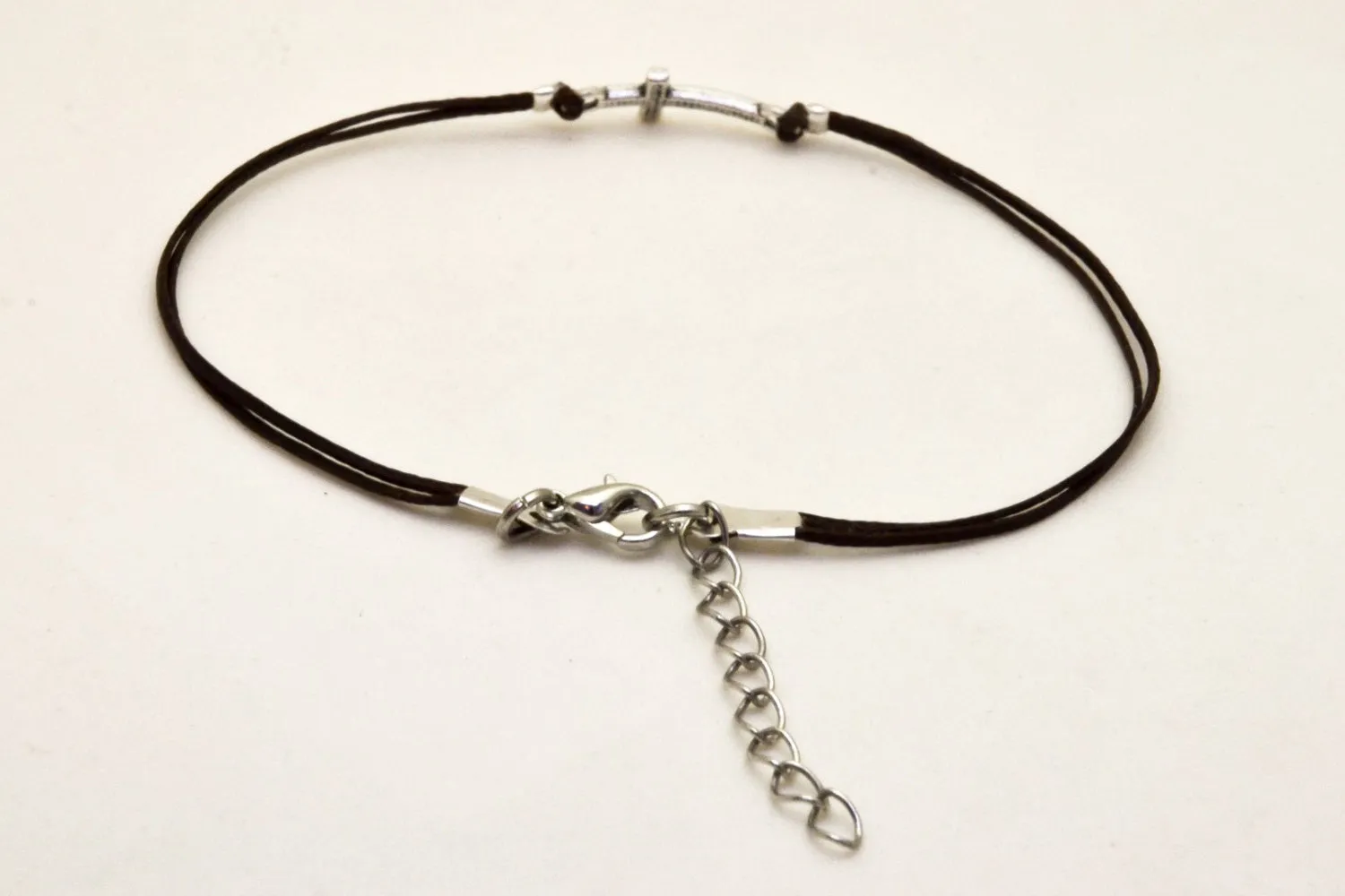 Silver cross charm anklet, brown cord, Christian gift for her