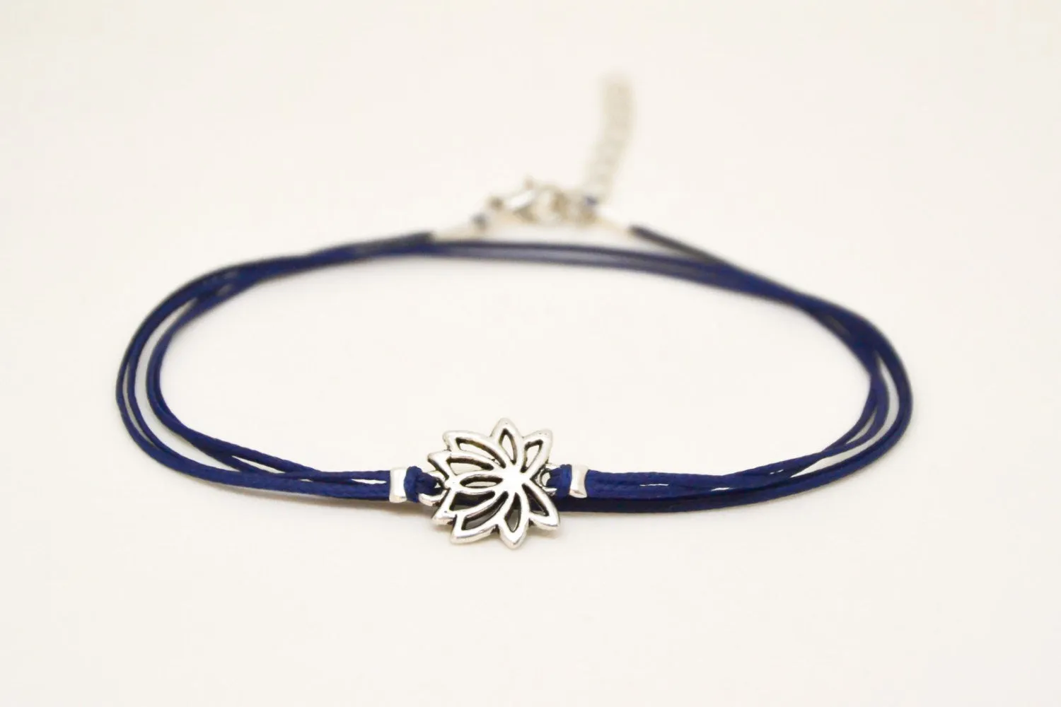 Silver tone Lotus wrapped anklet, blue cord, yoga gift for her