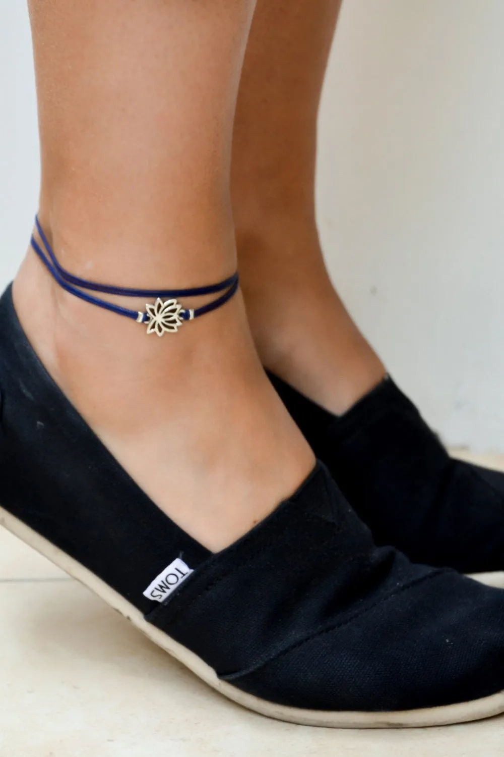 Silver tone Lotus wrapped anklet, blue cord, yoga gift for her