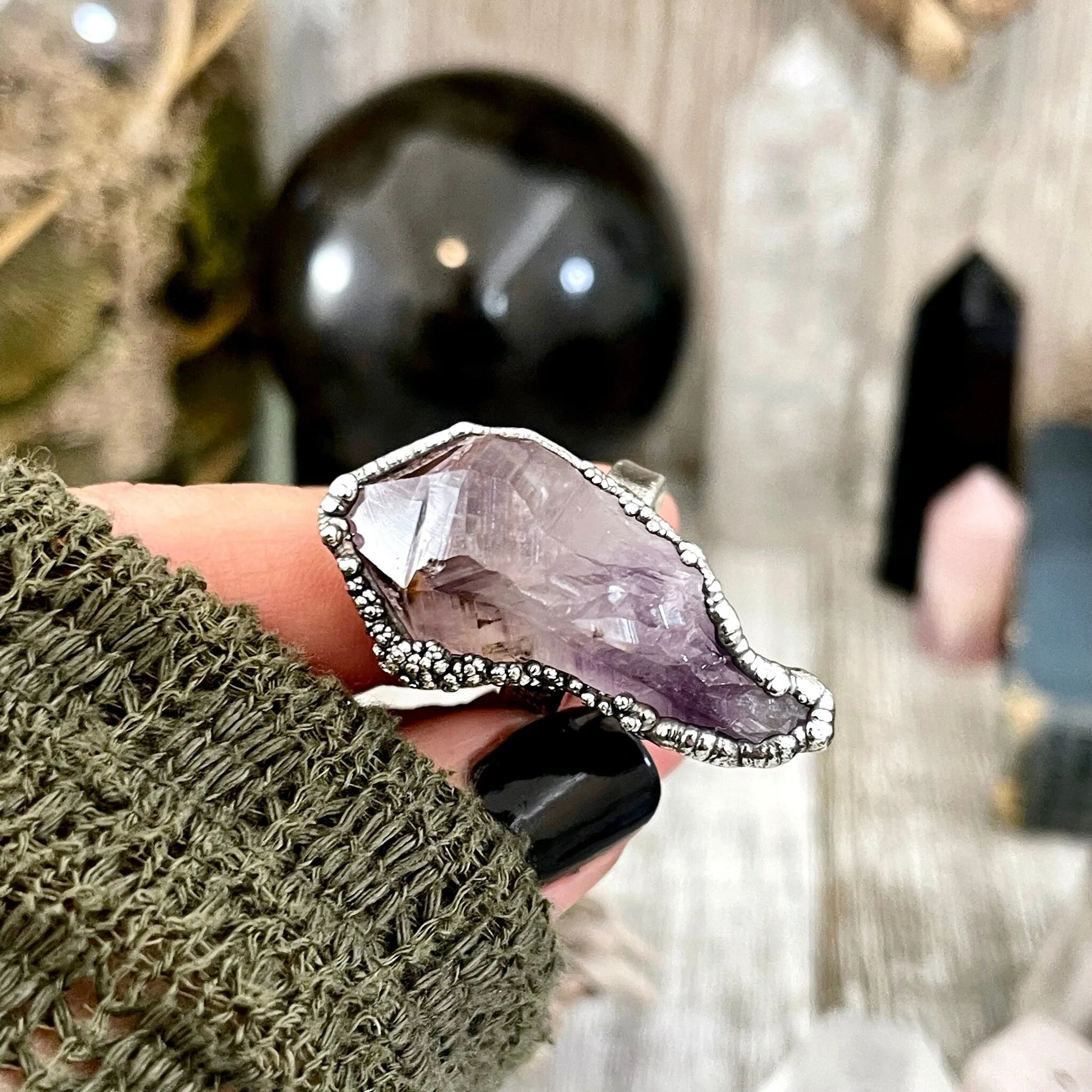 Size 7.5 Big Raw Amethyst Purple Crystal Ring in Fine Silver / Foxlark Collection - One of a Kind