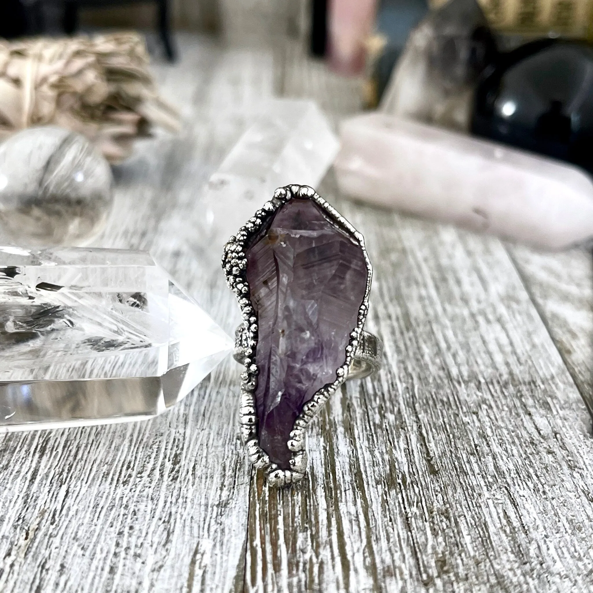 Size 7.5 Big Raw Amethyst Purple Crystal Ring in Fine Silver / Foxlark Collection - One of a Kind