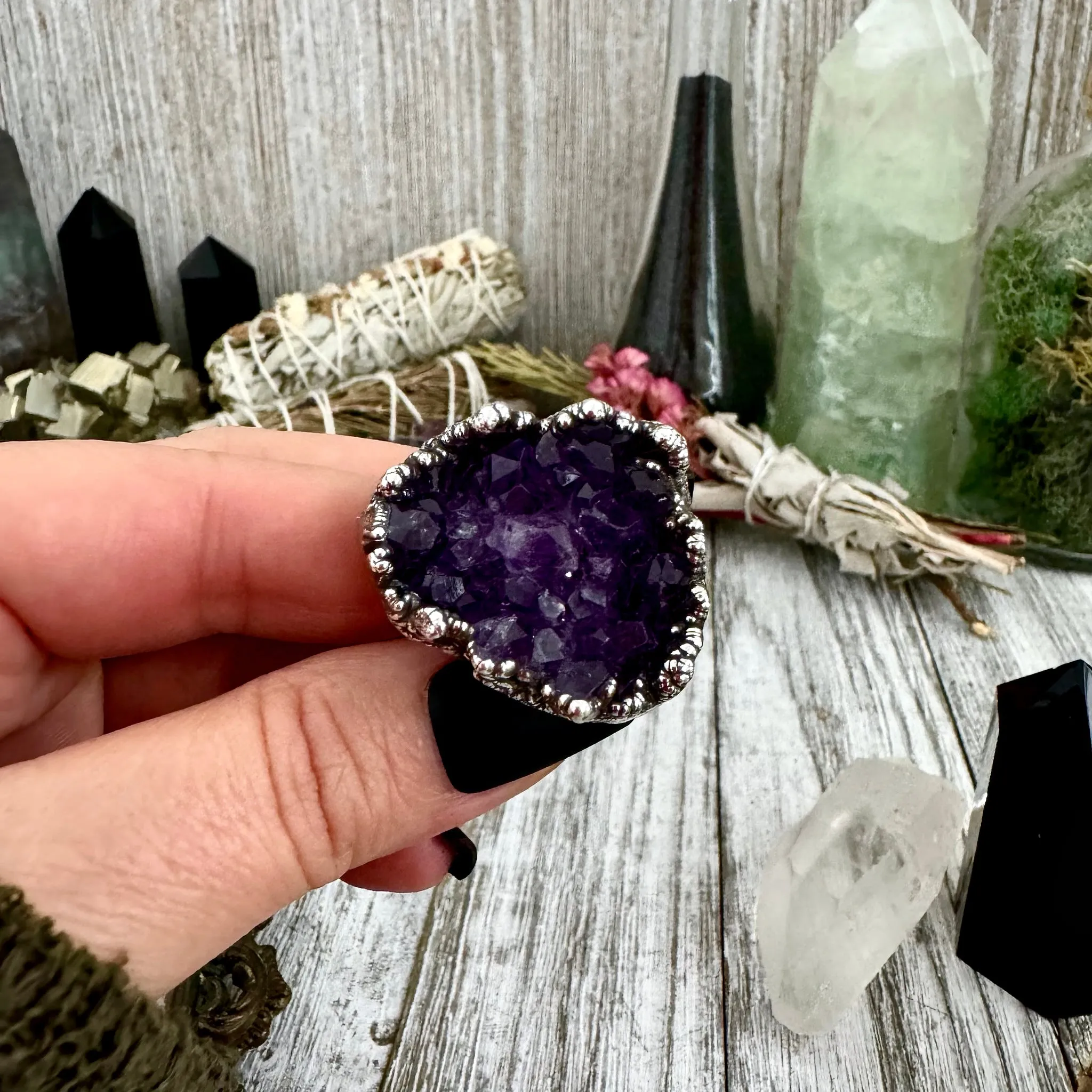 Size 8 Big Raw Amethyst Purple Crystal Ring in Fine Silver / Foxlark Collection