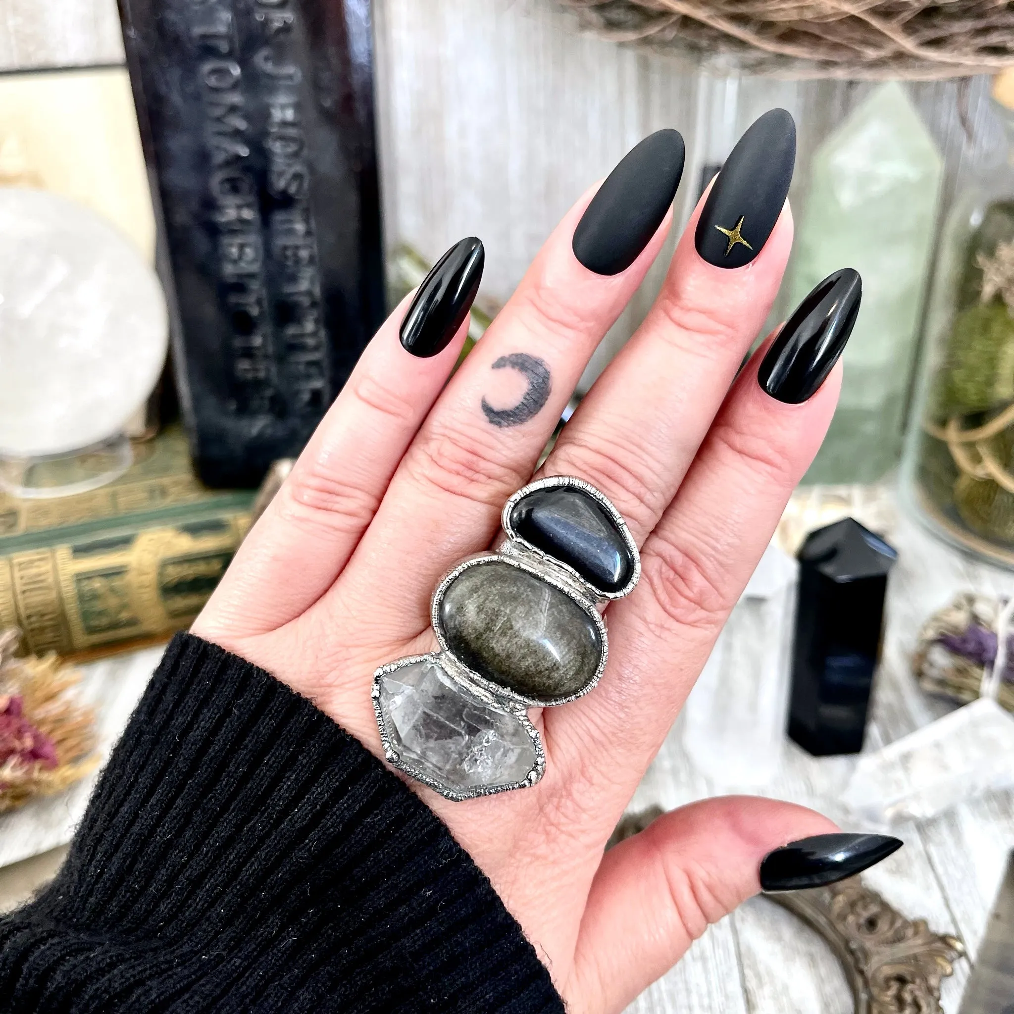 Size 9.5 Crystal Ring - Three Stone Ring Black Onyx Raw Included Quartz Golden Sheen Obsidian Ring Silver / Foxlark Collection - One of a Kind