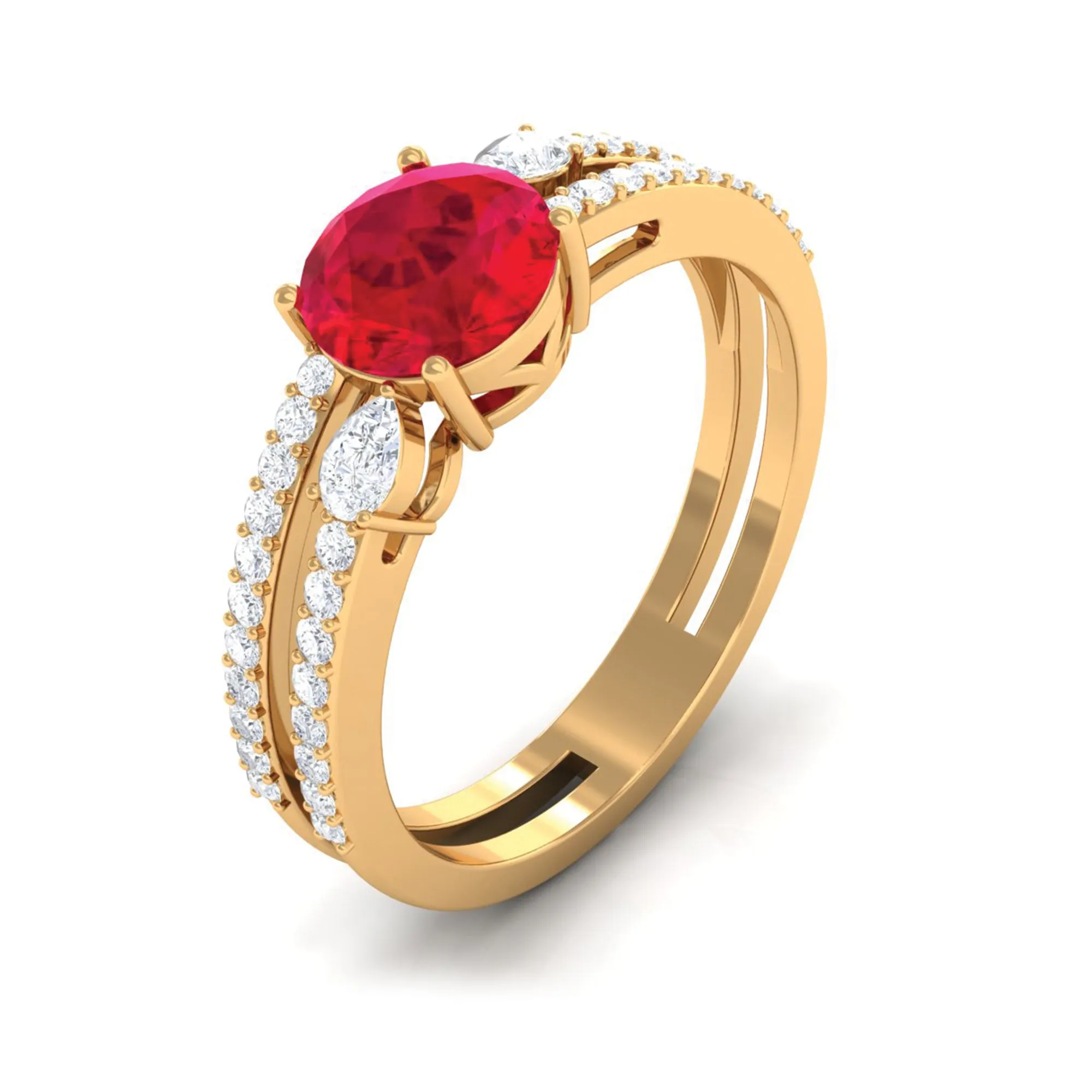 Solitaire Created Ruby Double Band Engagement Ring with Diamond