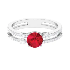 Solitaire Created Ruby Double Band Engagement Ring with Diamond