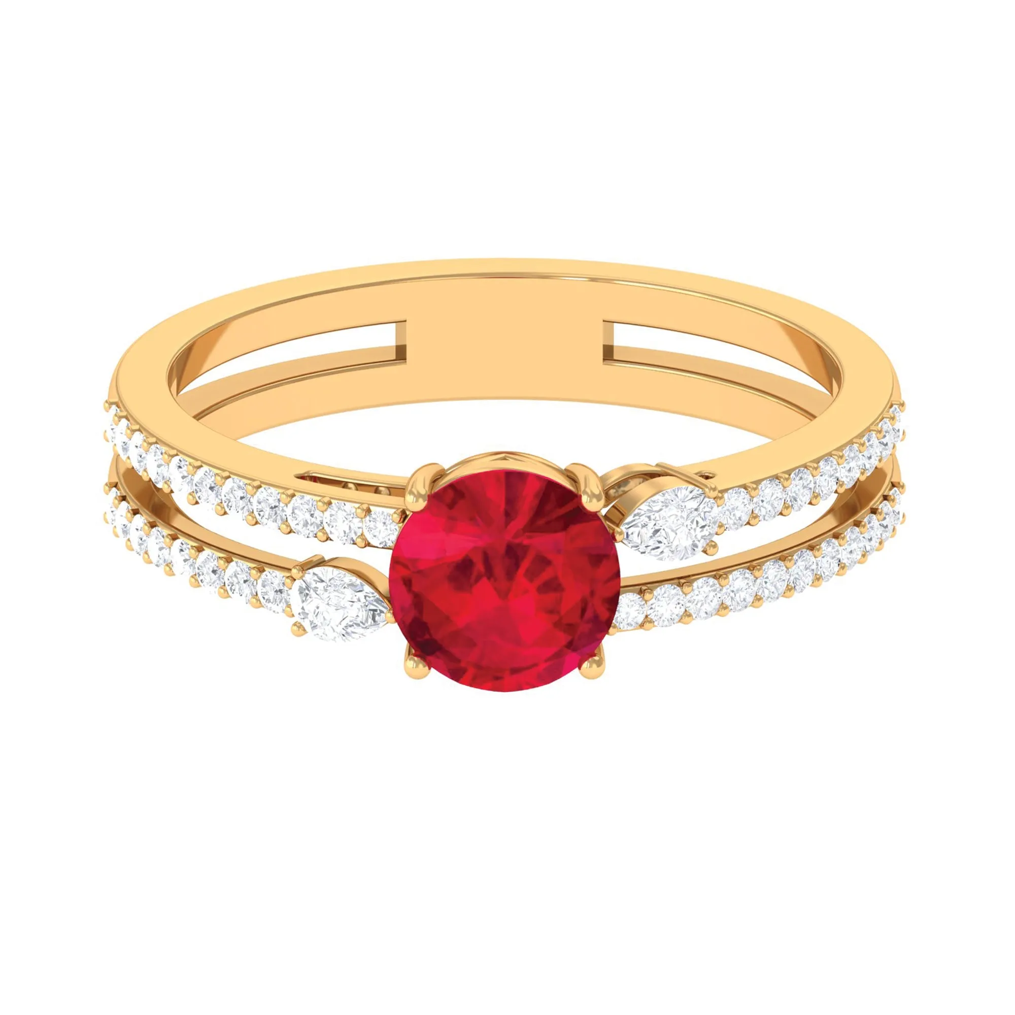 Solitaire Created Ruby Double Band Engagement Ring with Diamond