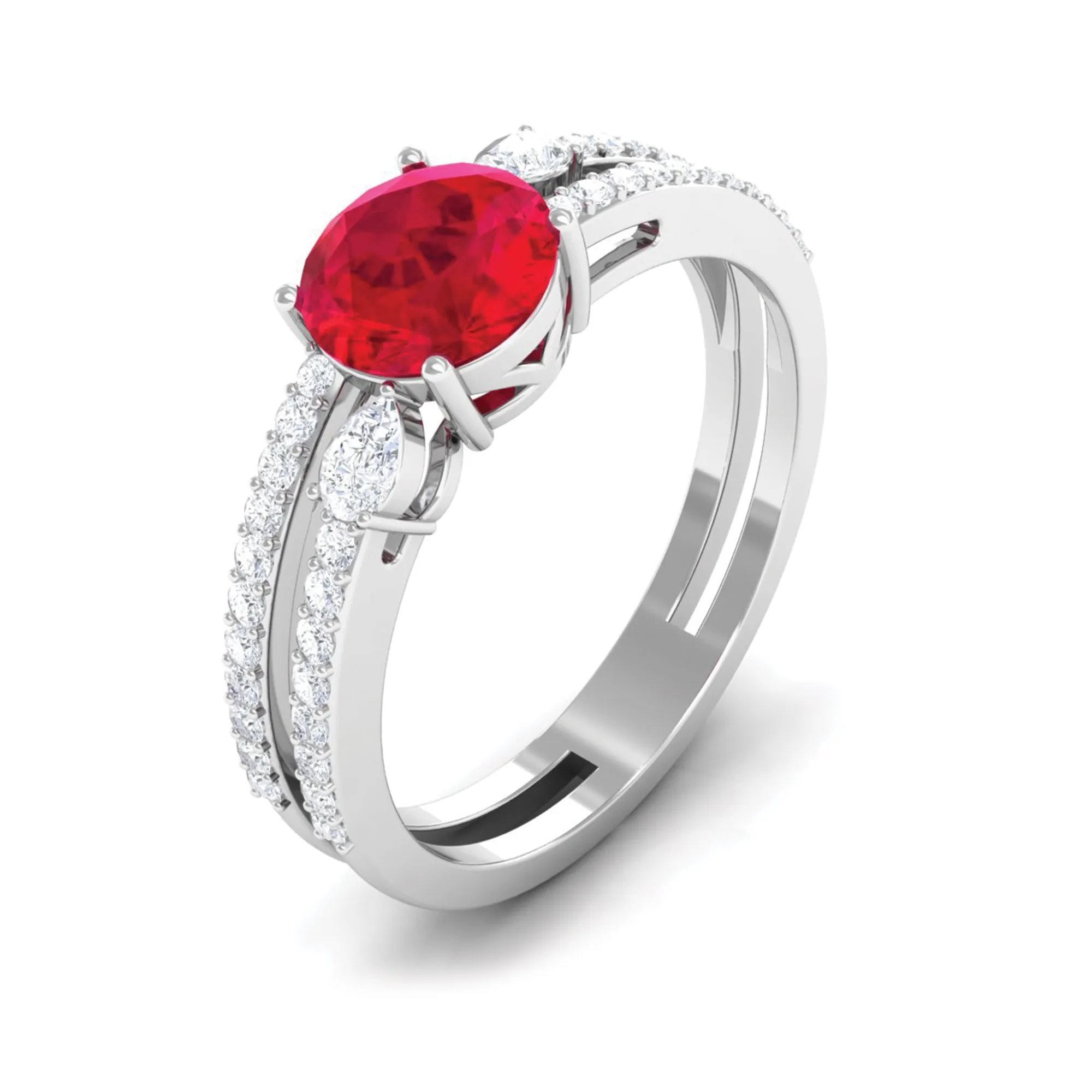 Solitaire Created Ruby Double Band Engagement Ring with Diamond