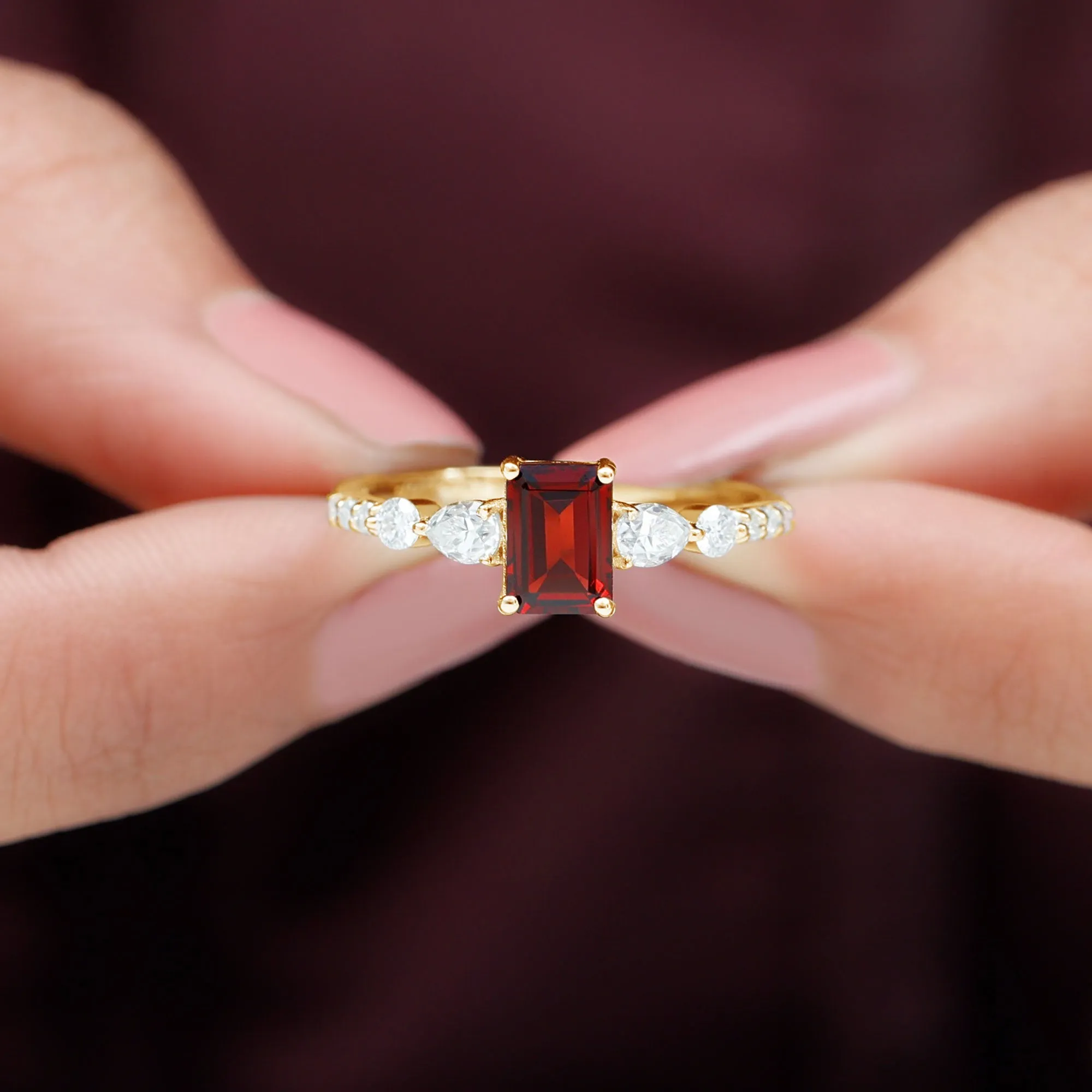 Solitaire Garnet Engagement Ring with Diamond Side Stones