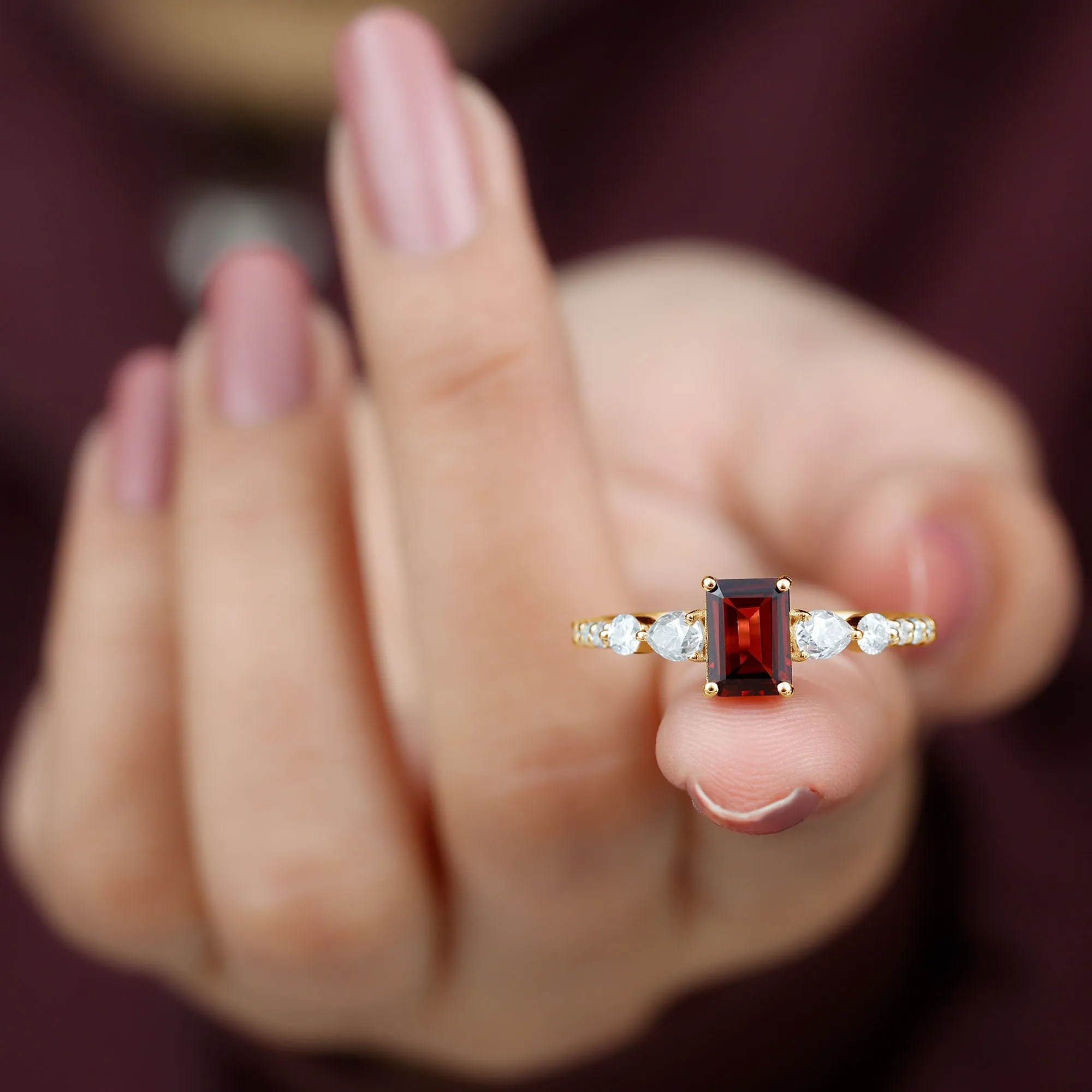 Solitaire Garnet Engagement Ring with Diamond Side Stones