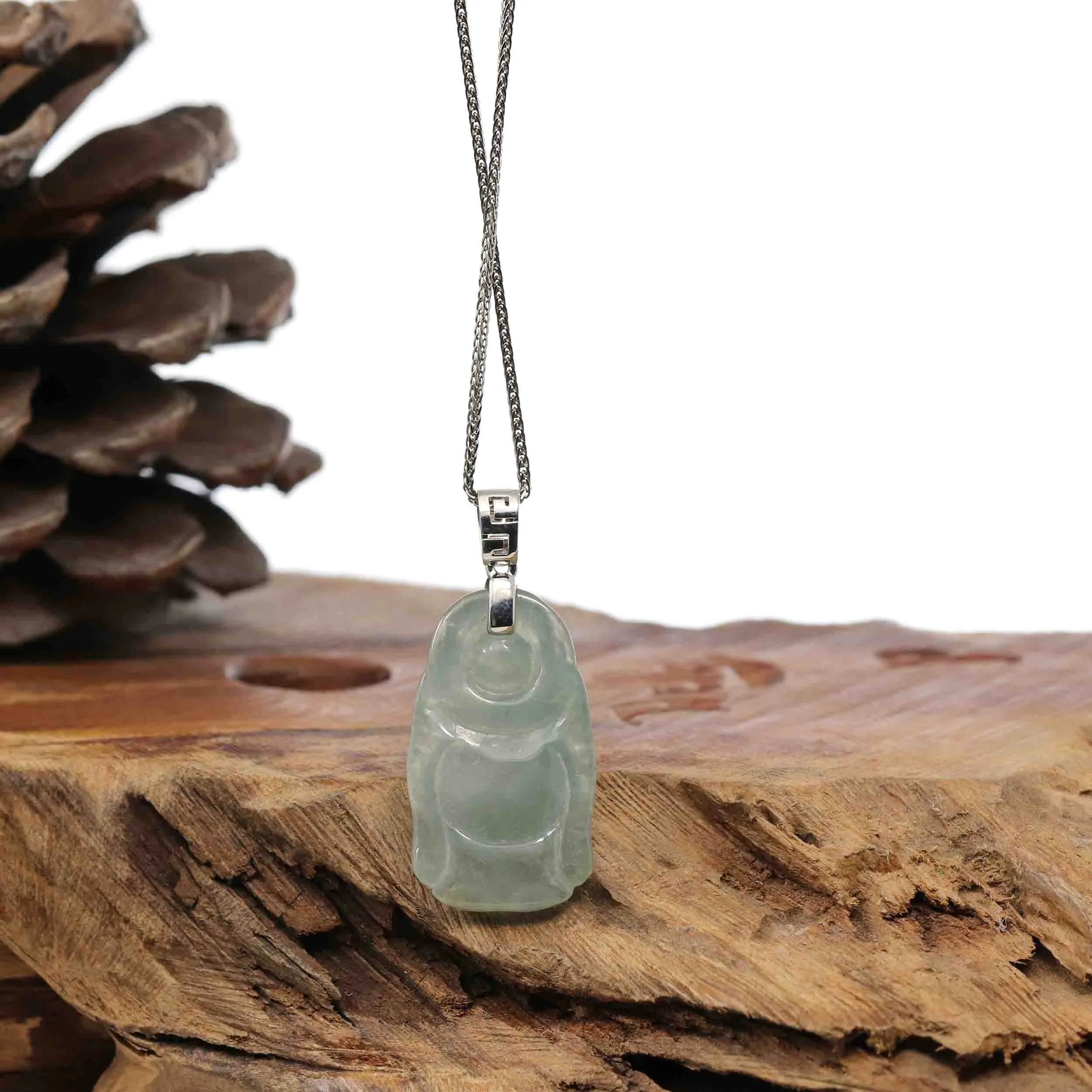 Sterling Silver "Laughing Buddha" Genuine Green Jadeite Buddha Pendant Necklace