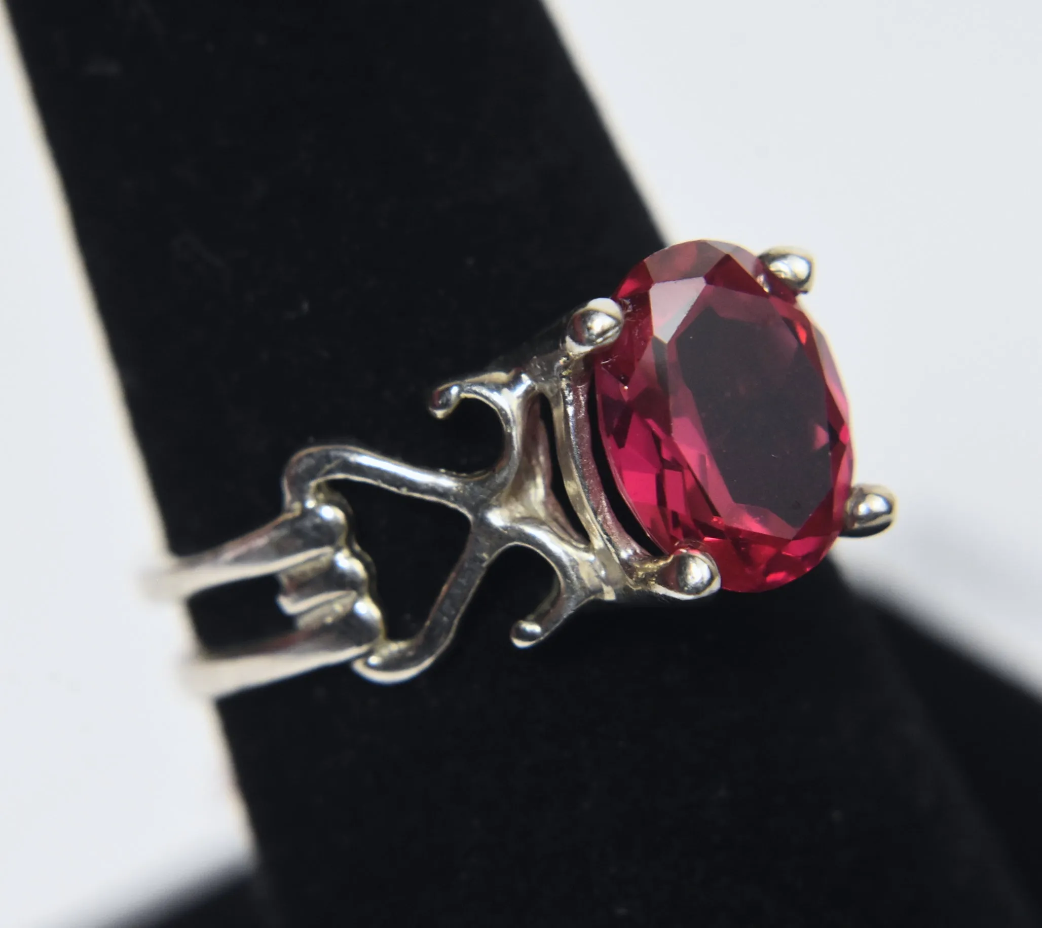 Sterling Silver Synthetic Ruby Ring - Size 7.5