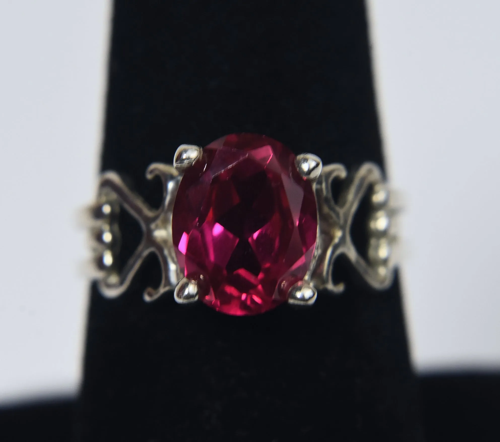 Sterling Silver Synthetic Ruby Ring - Size 7.5