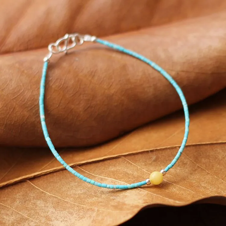 Sterling Silver Turquoise Amber Bead Bracelet Handmade Jewelry Accessories Women