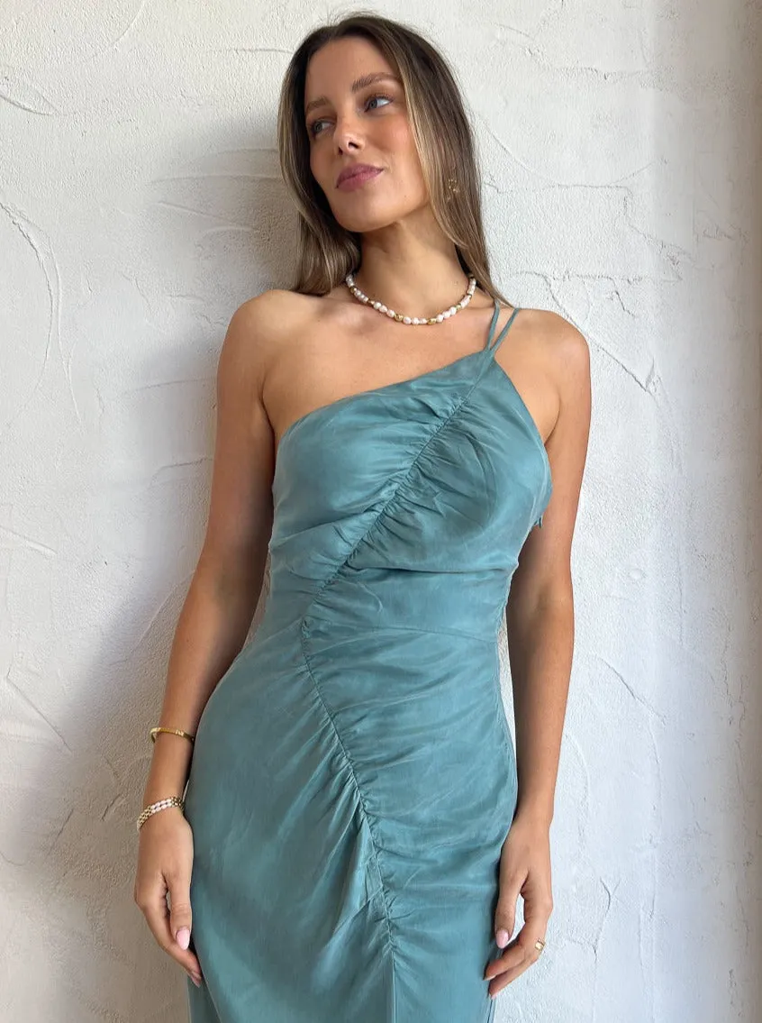 Suboo Andy Asymmetric Ruched Slip Dress in Seafoam