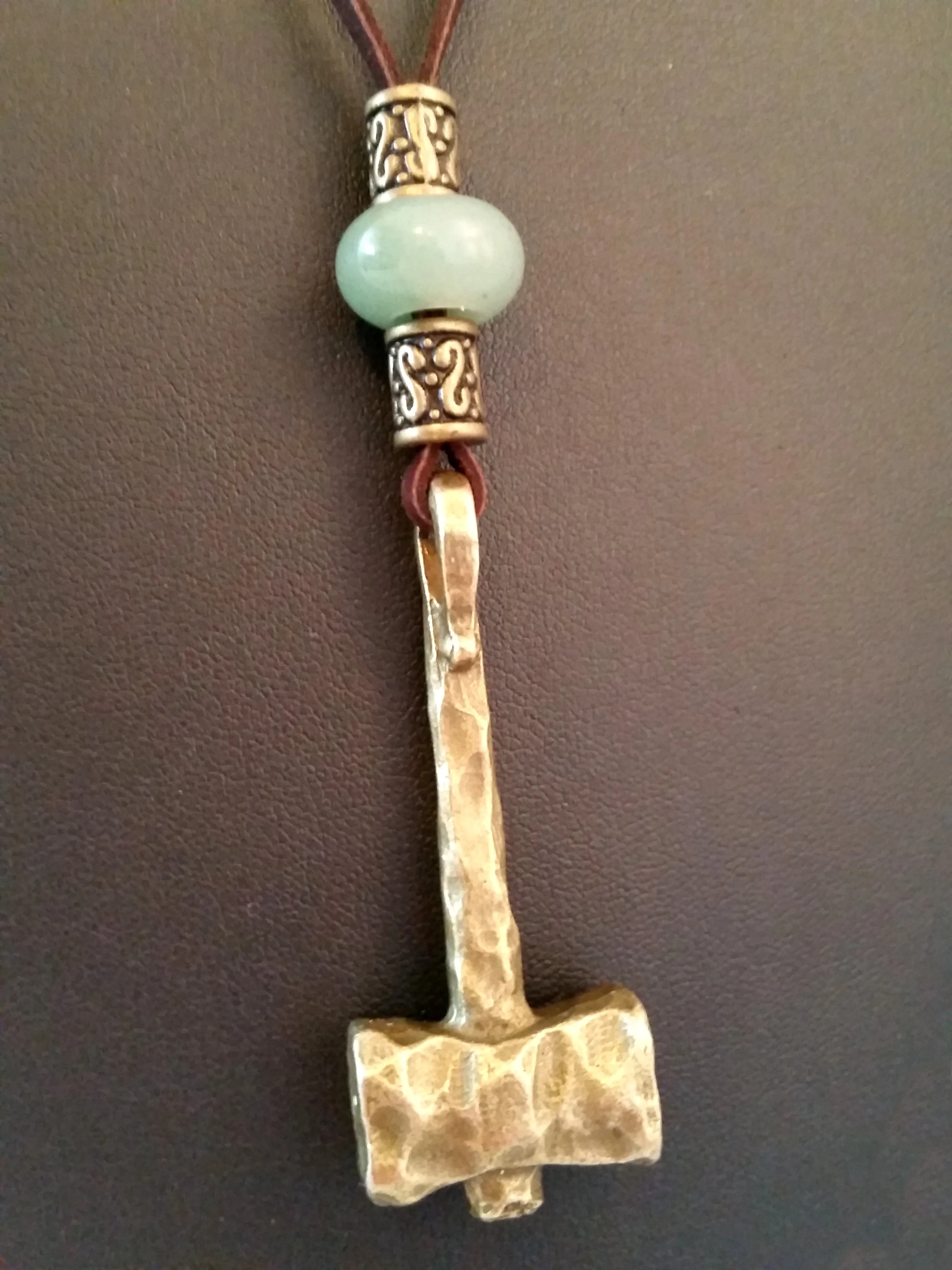 Thor's Hammer Necklace Bronze Brown Leather Jade | MTM