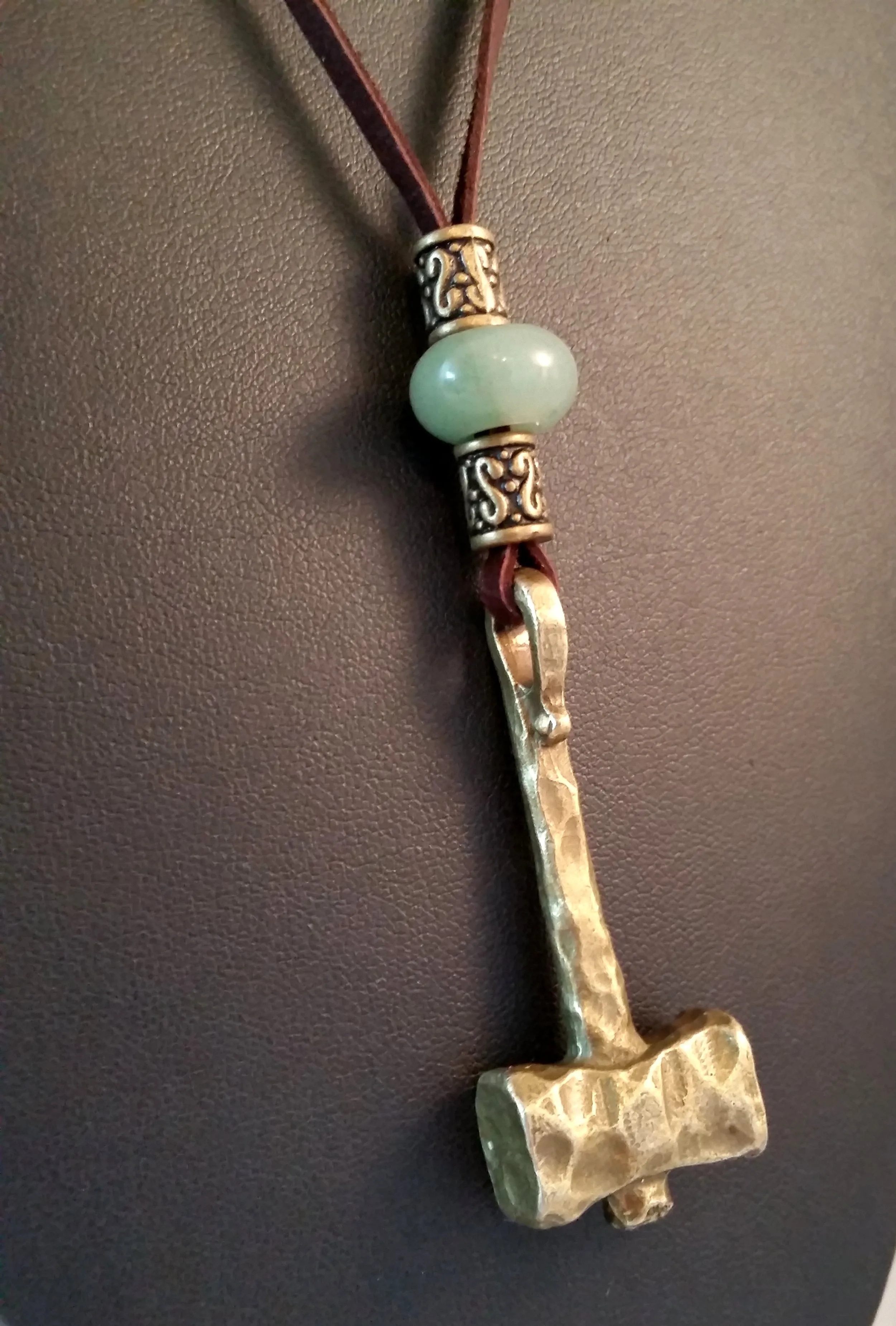 Thor's Hammer Necklace Bronze Brown Leather Jade | MTM