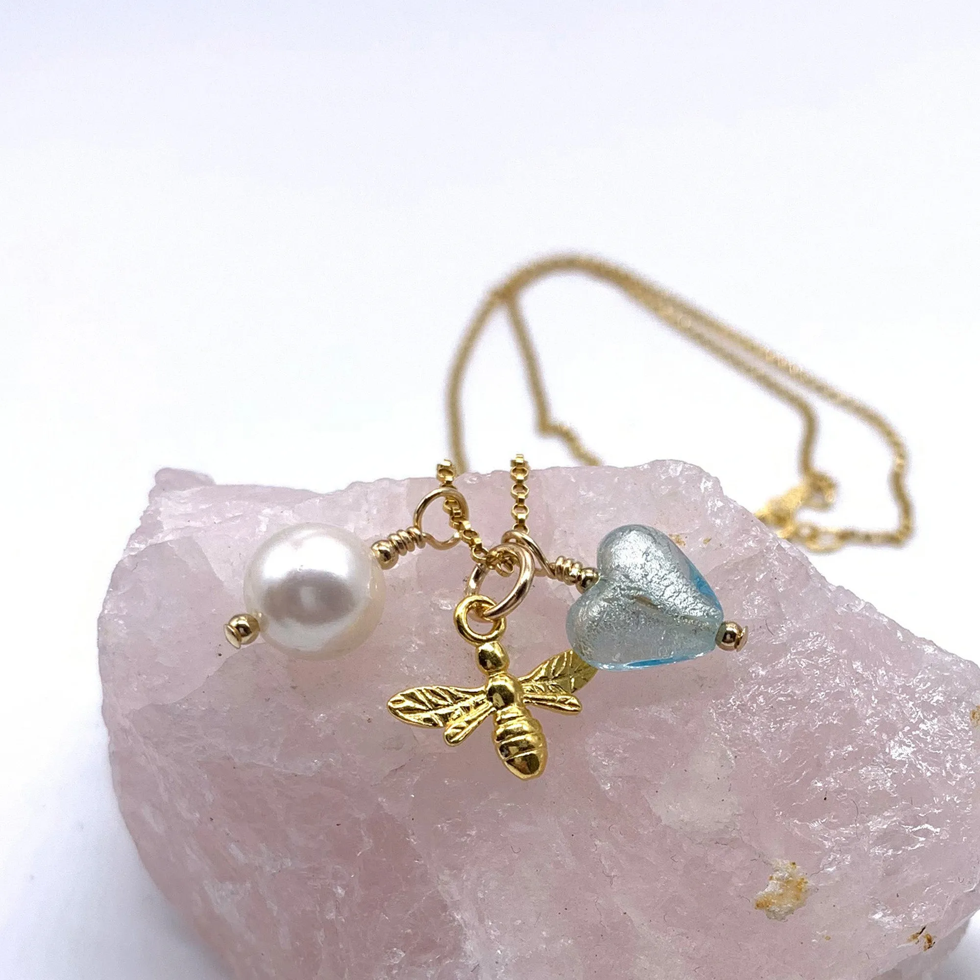 Three charm necklace in gold vermeil with sea green (jade) heart and *5 charm options*