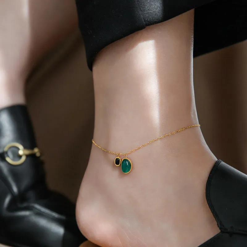 Titanium Emerald Onyx Square Geometric Vintage Statement Anklet