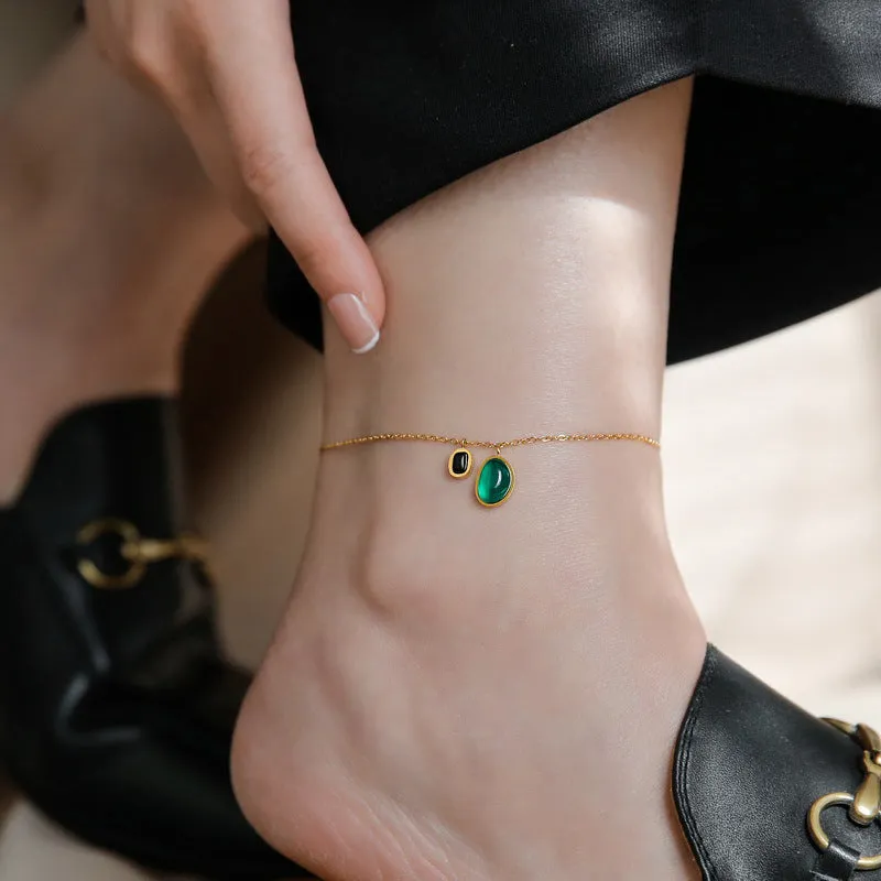 Titanium Emerald Onyx Square Geometric Vintage Statement Anklet