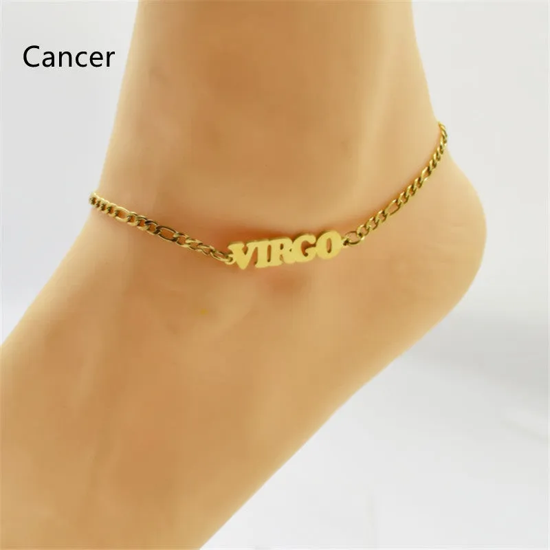 Titanium Steel Twelve Constellation Anklet, Capital Letter, Ankle Chain, Vacuum Plating In The Furnace