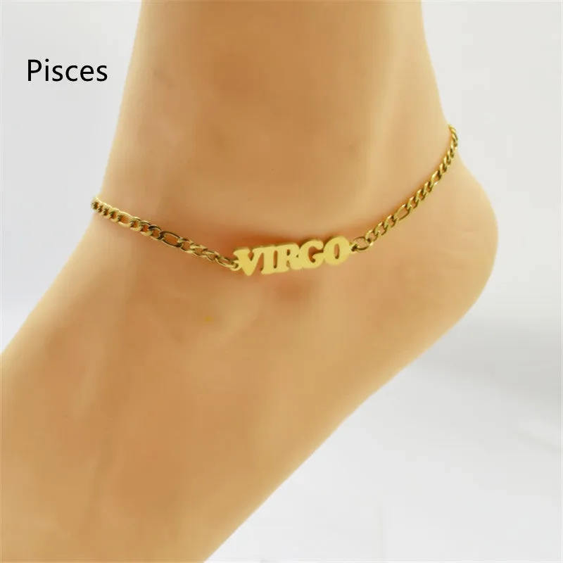 Titanium Steel Twelve Constellation Anklet, Capital Letter, Ankle Chain, Vacuum Plating In The Furnace