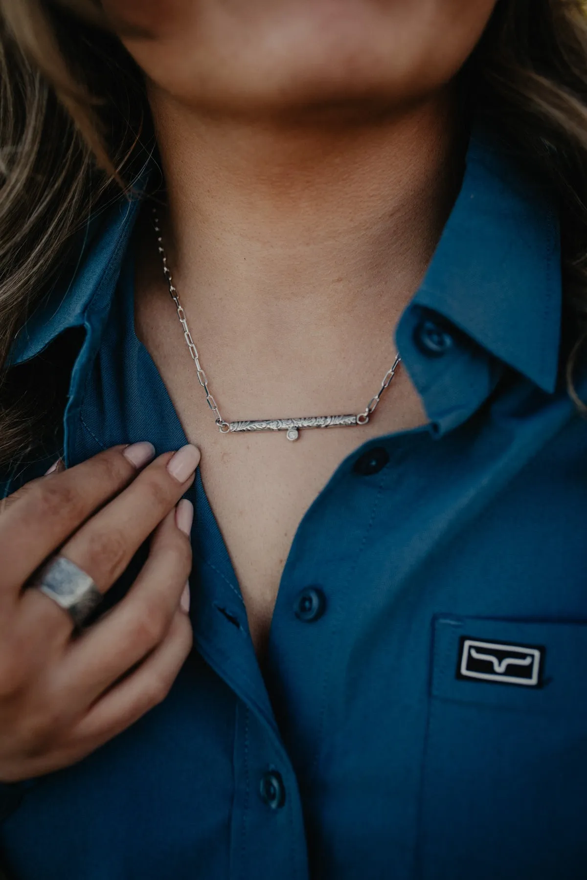 Tooled Sterling Bar Necklace with Diamond Accent