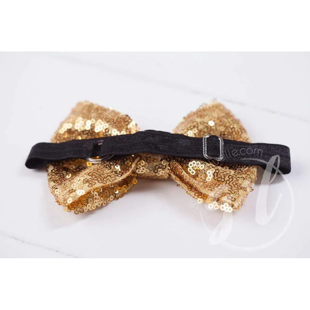 Two-in-One Sequined Bow Headband & Belt, Gold Bow with black band