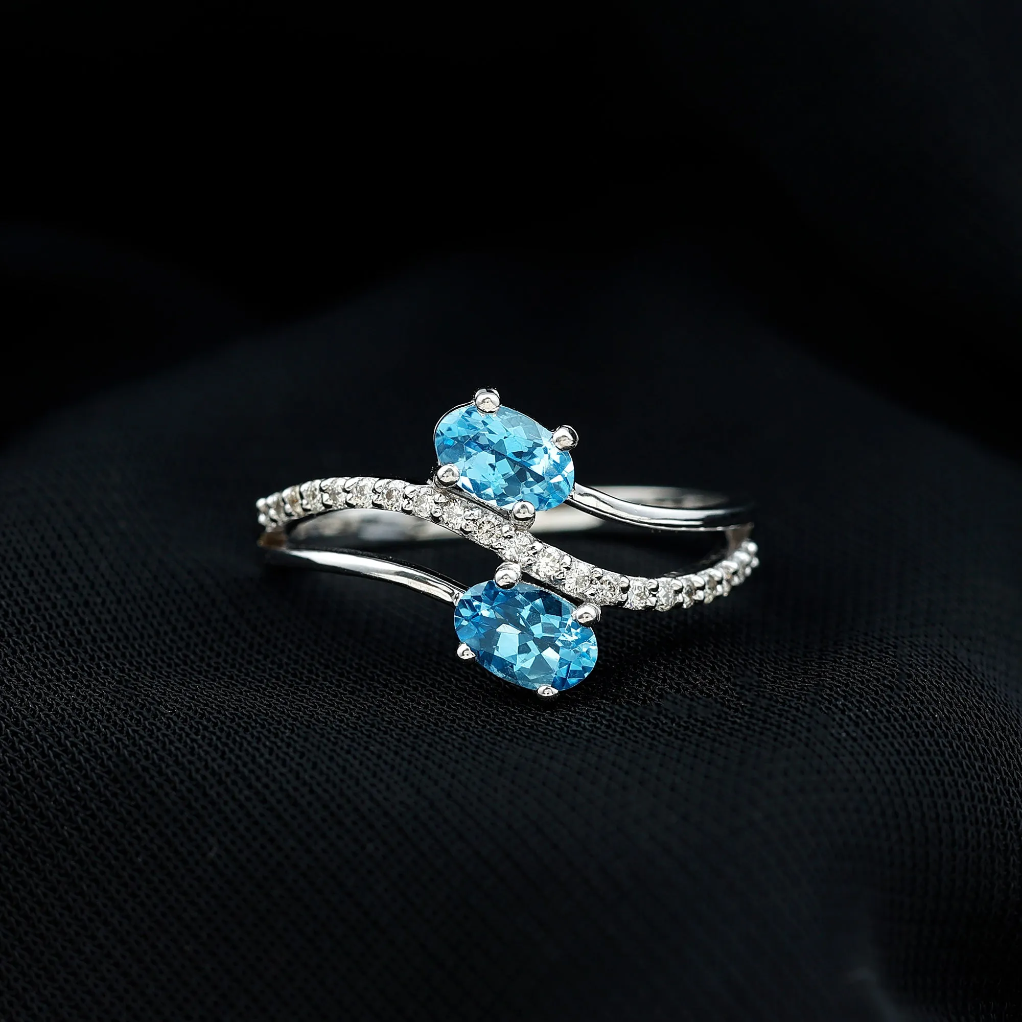 Two Stone Bypass Aquamarine Engagement Ring with Diamond