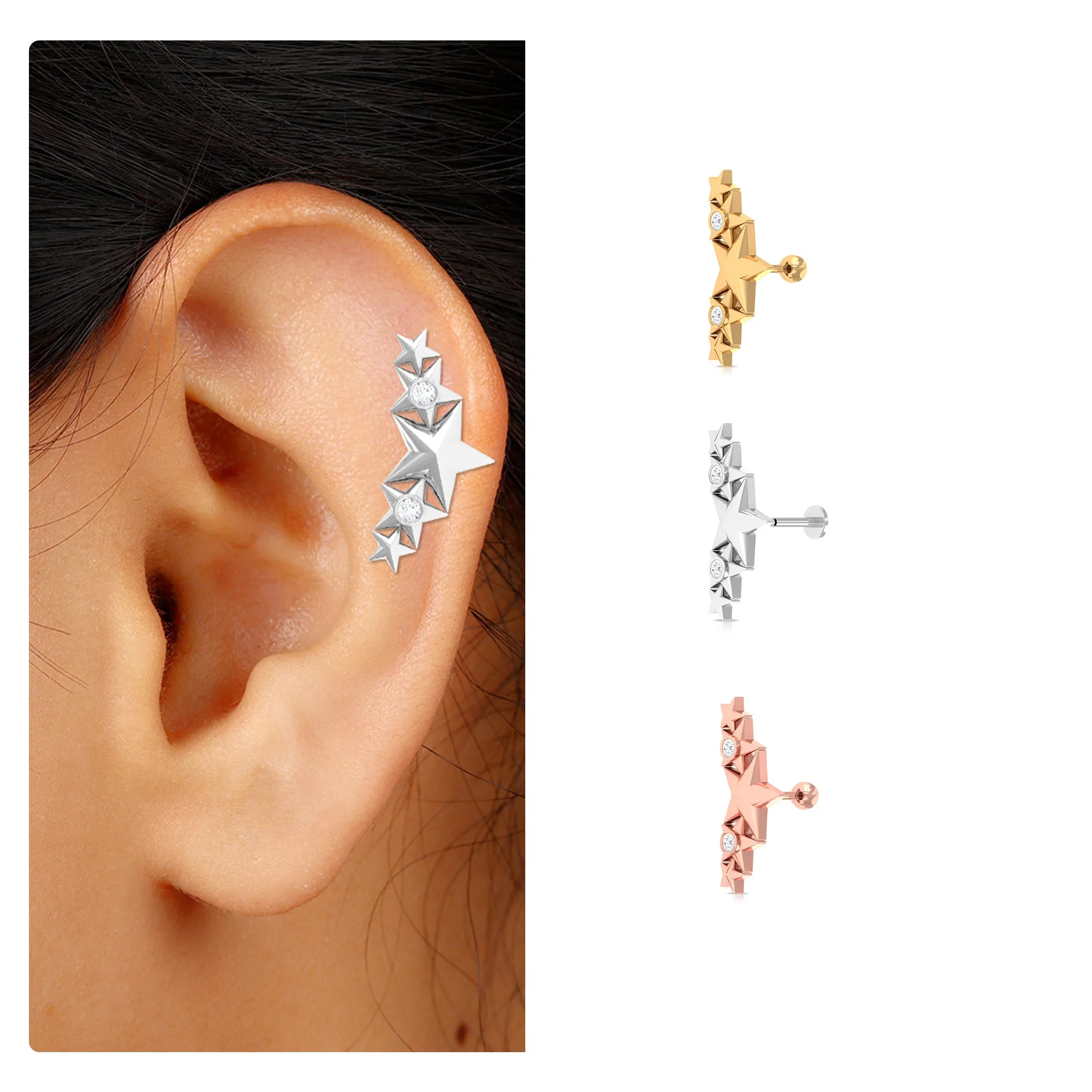 Unique Moissanite Gold Star Ear Crawler Cartilage Earring