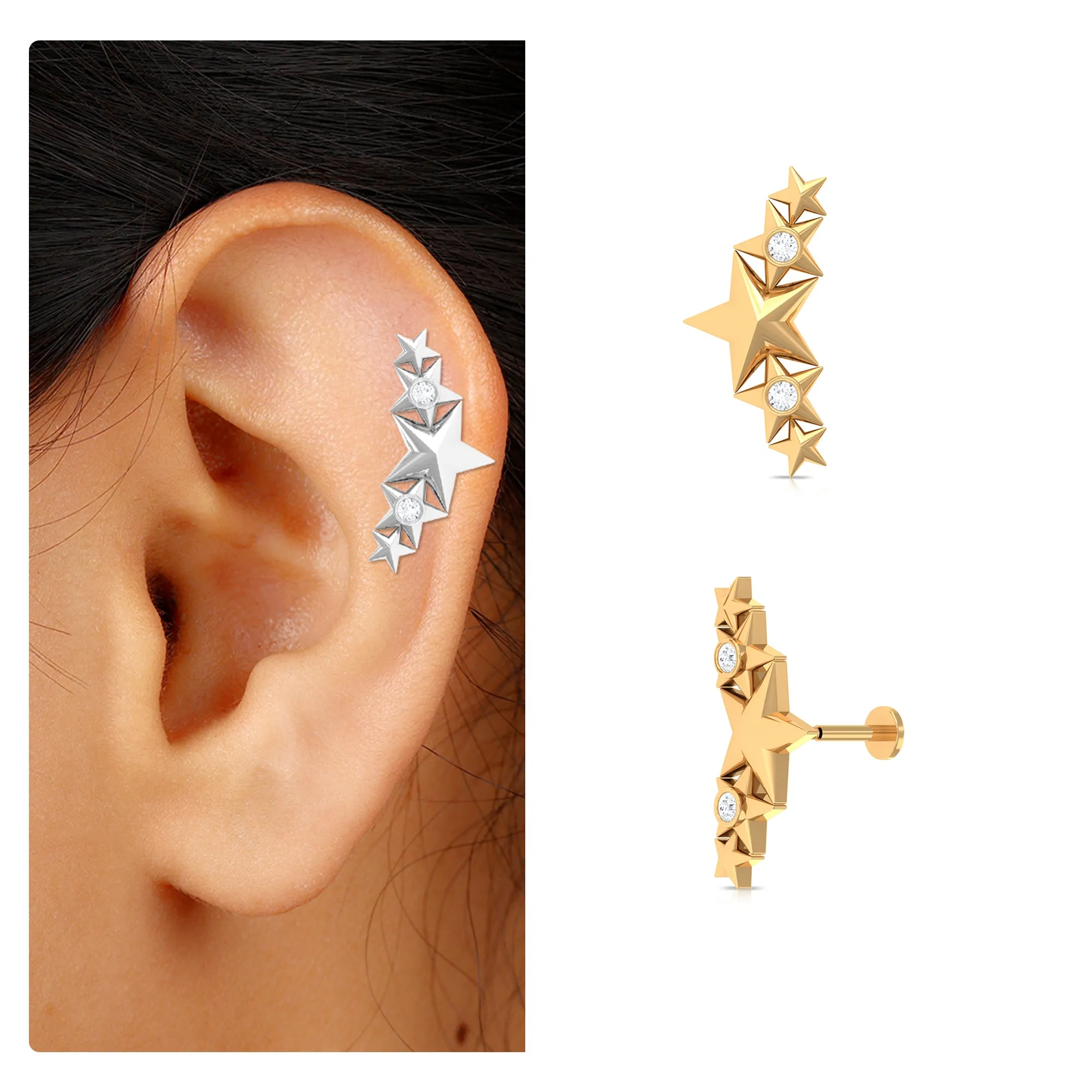 Unique Moissanite Gold Star Ear Crawler Cartilage Earring