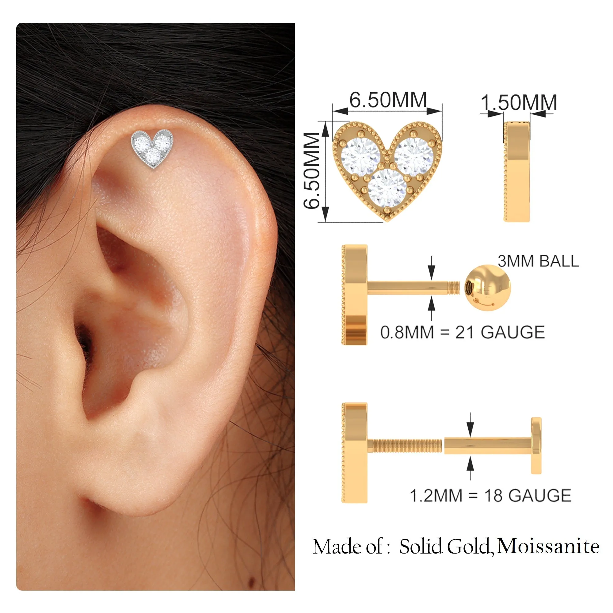 Unique Moissanite Heart Earring for Cartilage Piercing