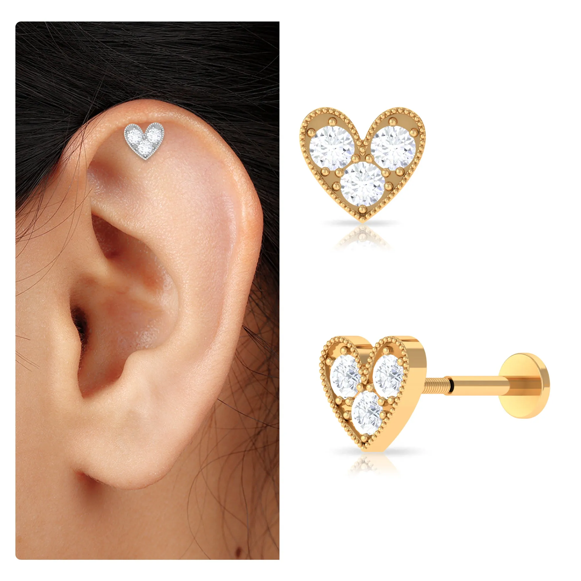 Unique Moissanite Heart Earring for Cartilage Piercing