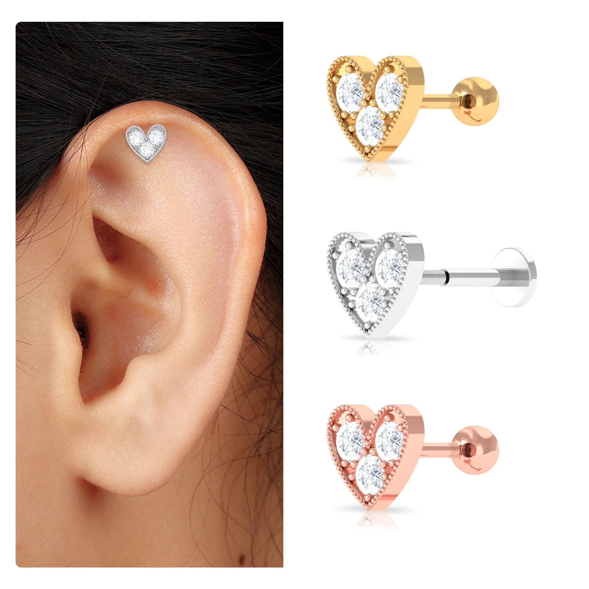 Unique Moissanite Heart Earring for Cartilage Piercing