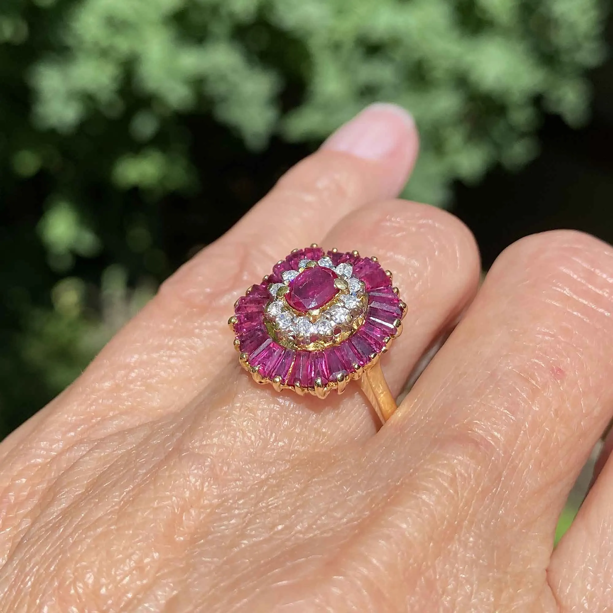 Vintage 18K Gold Ballerina Ruby Baguette Diamond Ring