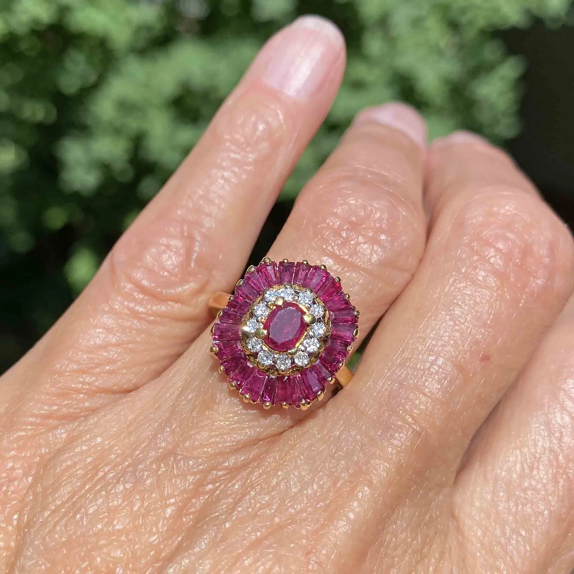 Vintage 18K Gold Ballerina Ruby Baguette Diamond Ring