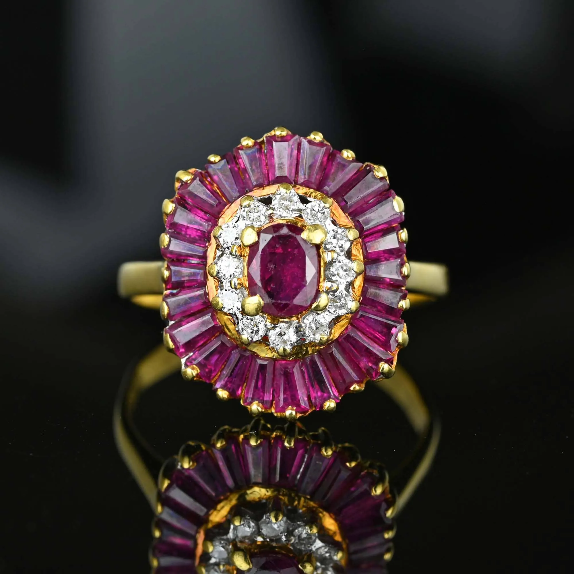 Vintage 18K Gold Ballerina Ruby Baguette Diamond Ring