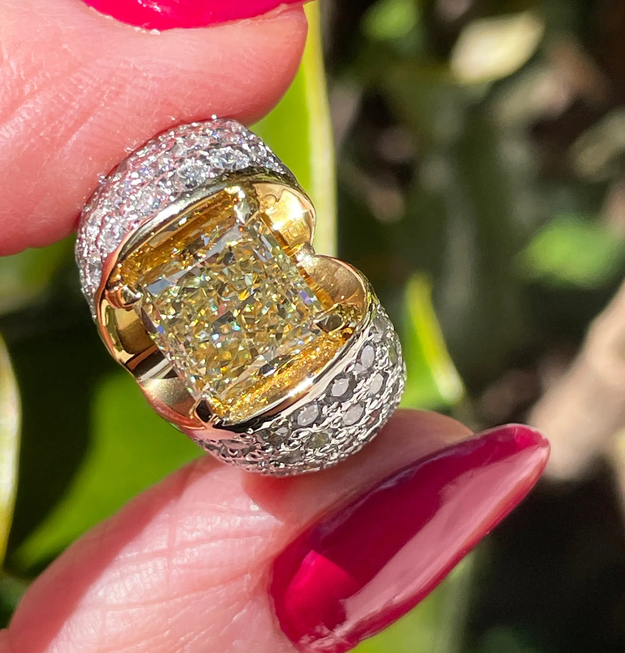 Vintage “Canary” GIA 7.02ctw Natural Fancy YELLOW Radiant Cut Diamond Dome 18K Ring