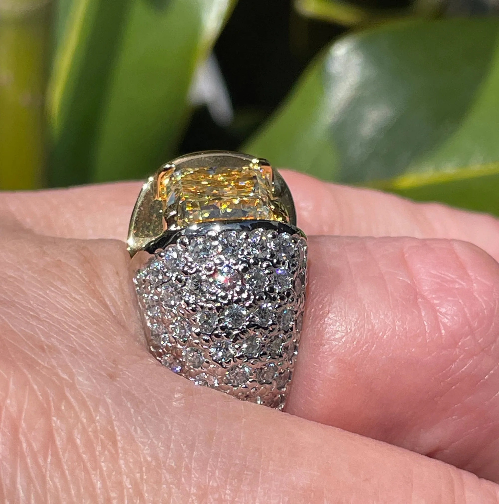 Vintage “Canary” GIA 7.02ctw Natural Fancy YELLOW Radiant Cut Diamond Dome 18K Ring