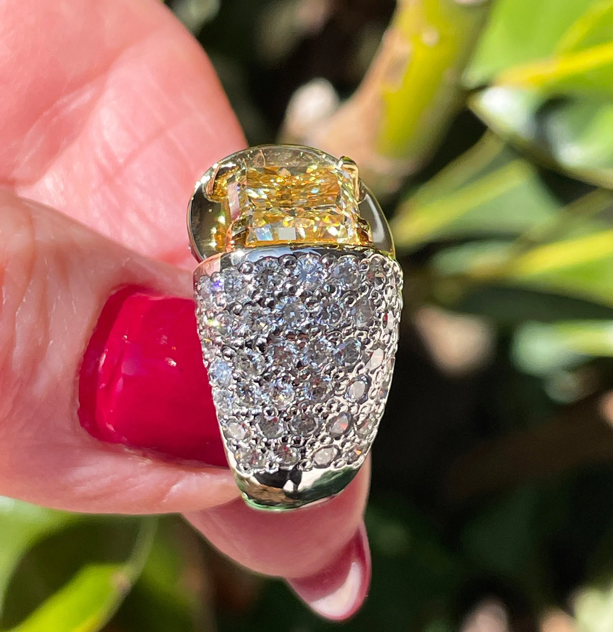 Vintage “Canary” GIA 7.02ctw Natural Fancy YELLOW Radiant Cut Diamond Dome 18K Ring